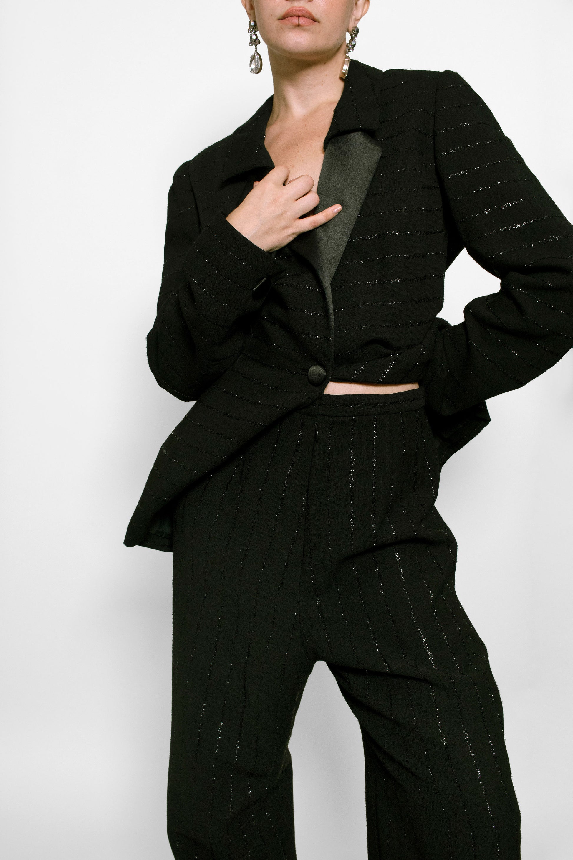 Travilla Black Sheen Pinstripe Suit - The Kit Vintage