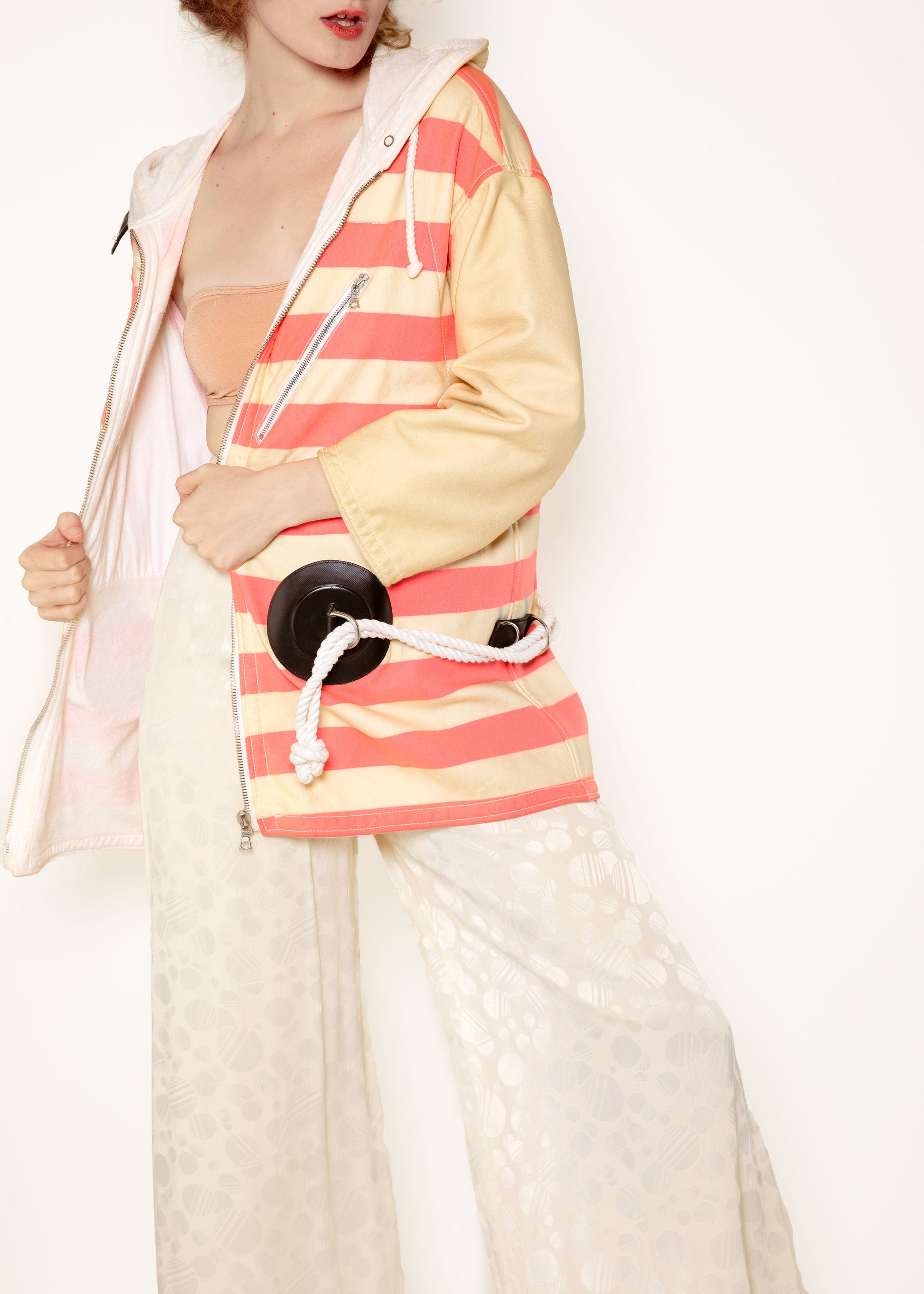 Courreges Pink/White Stripe Leather Nautical Coat - The Kit Vintage
