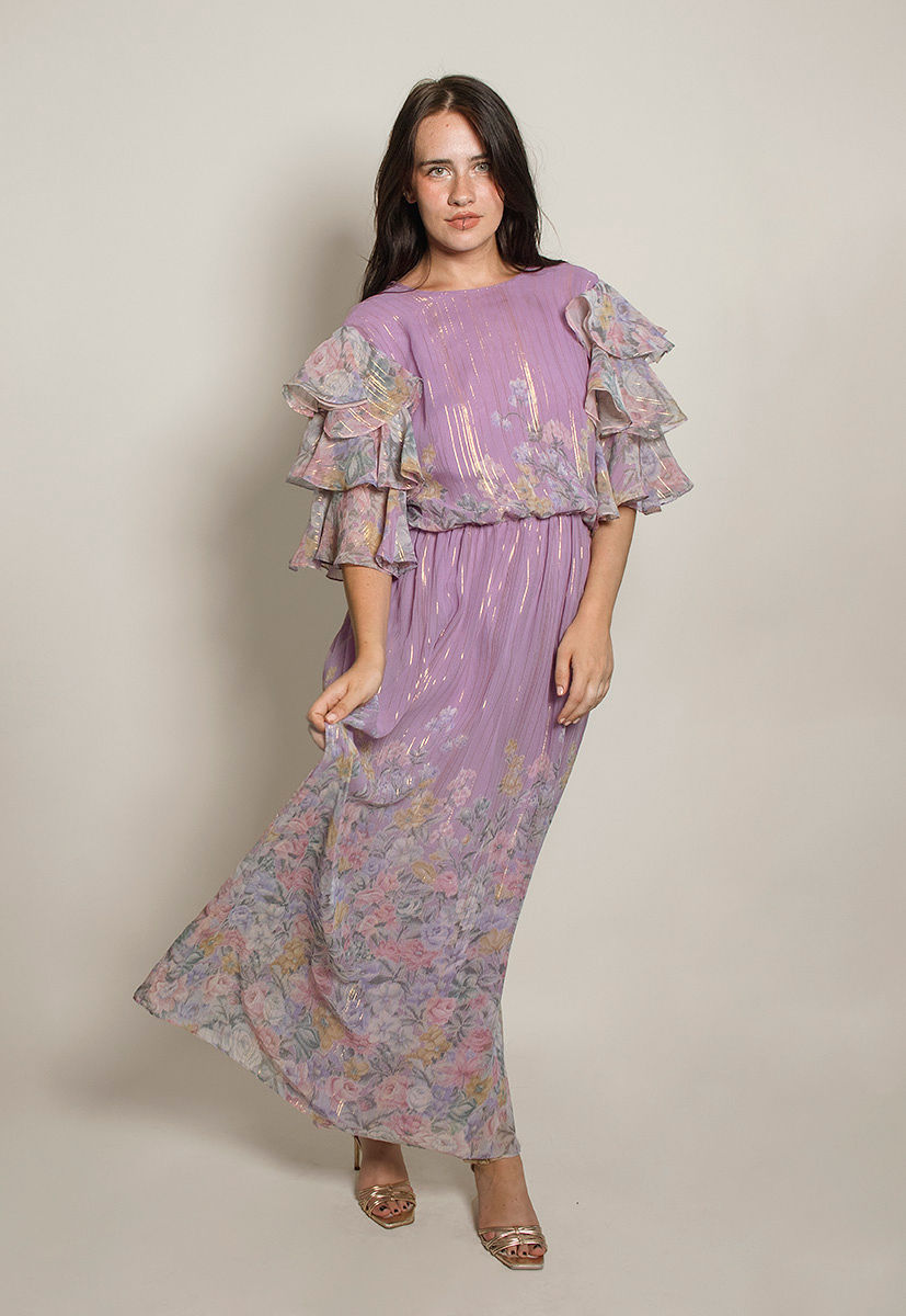Hanae Mori Purple Metallic Ruffled Sleeve dress - The Kit Vintage