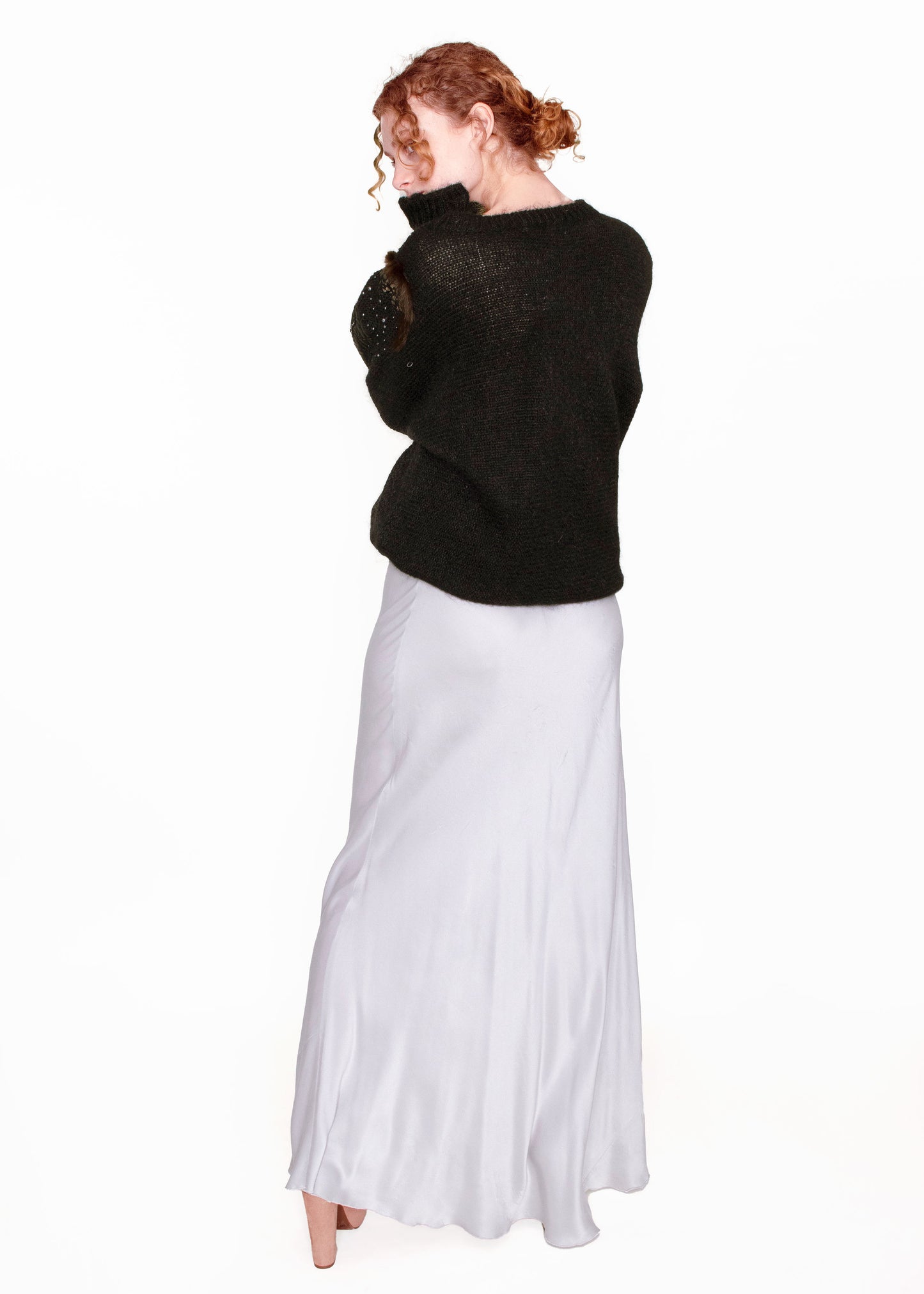 Black Mohair Sweater with Fur and Velvet Floral Patchwork