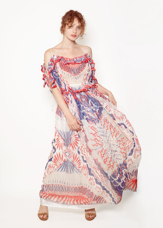 Zandra Rhodes Documented 1977,  Lace up Sleeve Off the Shoulder Dress