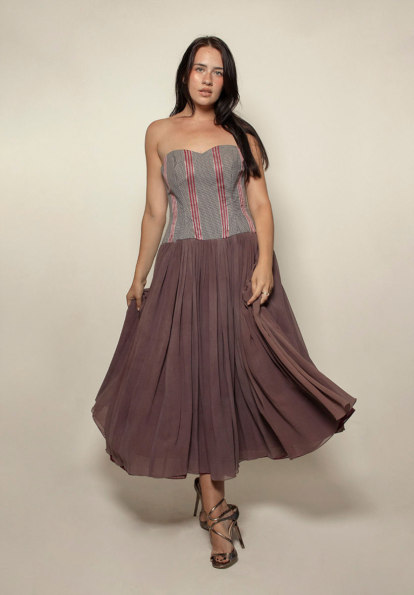 90s Strapless Checked Chiffon Dress - The Kit Vintage