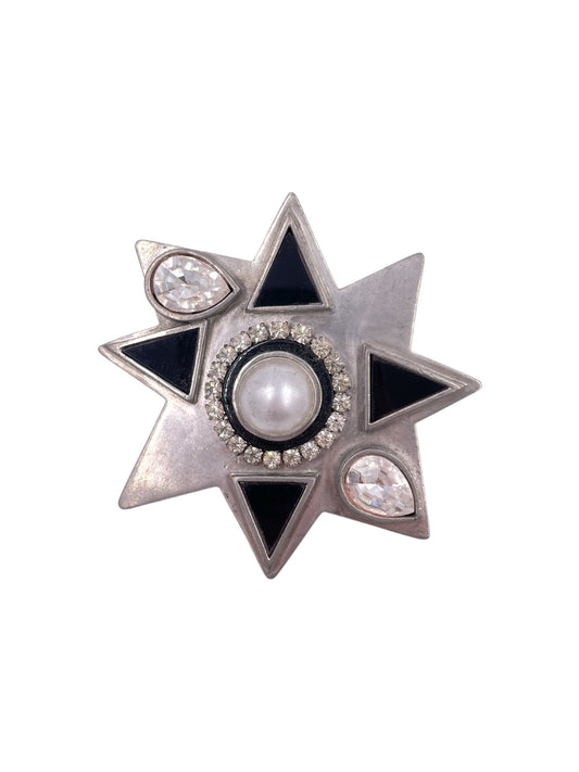 Silver Star Brooch W/ Black Enamel & Pearl - The Kit Vintage