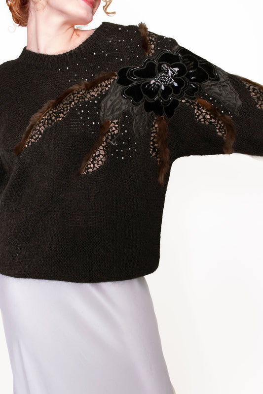 Black Mohair Sweater with Fur and Velvet Floral Patchwork - The Kit Vintage