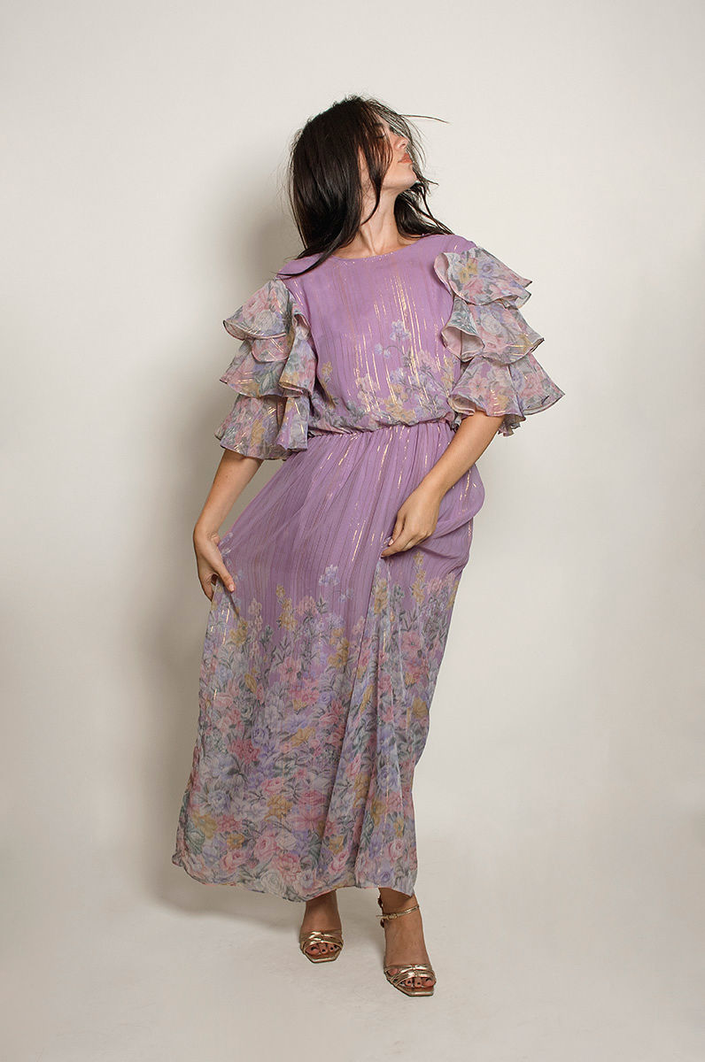 Hanae Mori Purple Metallic Ruffled Sleeve dress - The Kit Vintage