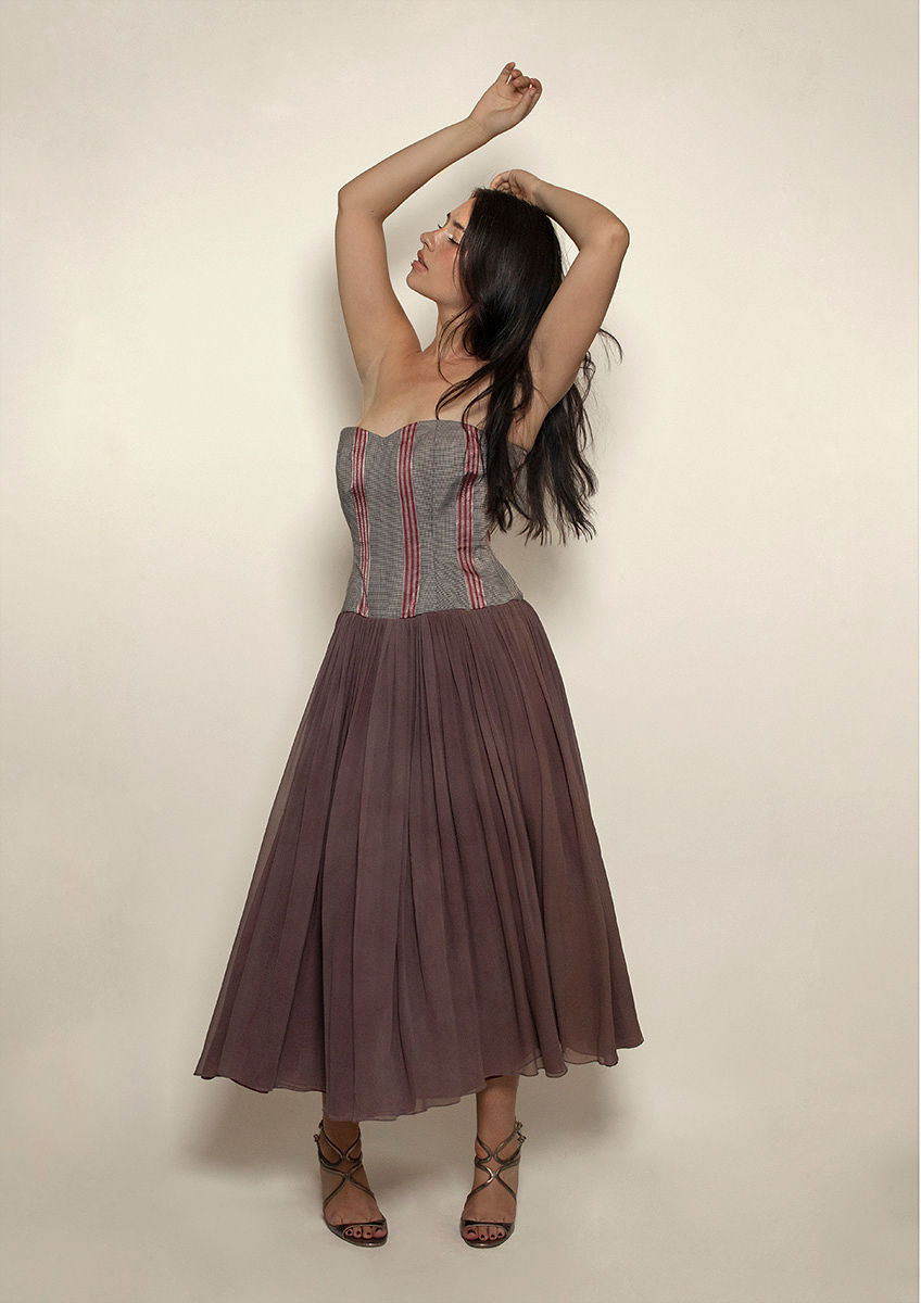 90s Strapless Checked Chiffon Dress - The Kit Vintage