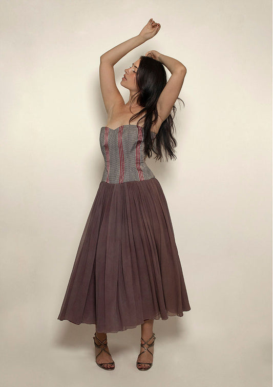 90s Strapless Checked Chiffon Dress - The Kit Vintage