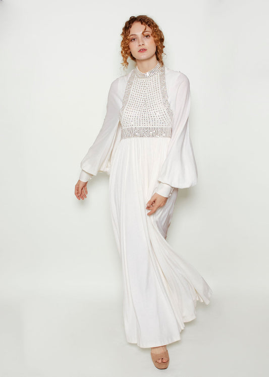 Geoffrey Beene White Bishop Sleeve Rhinestone Gown - The Kit Vintage