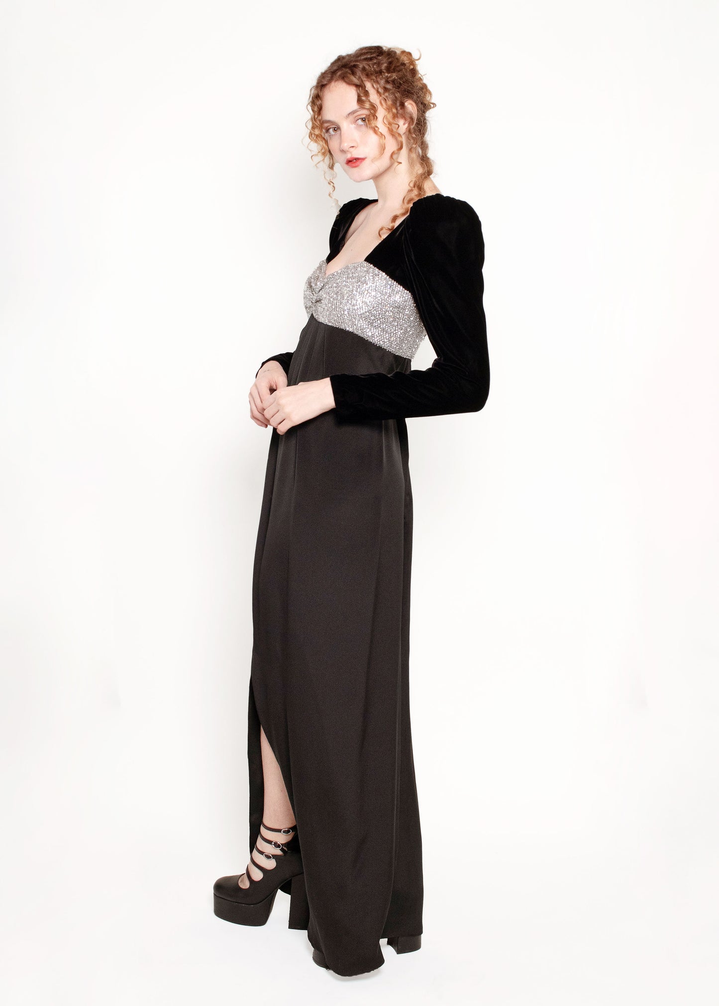 Oscar De La Renta Black Silk & Velvet Silver Bust Gown
