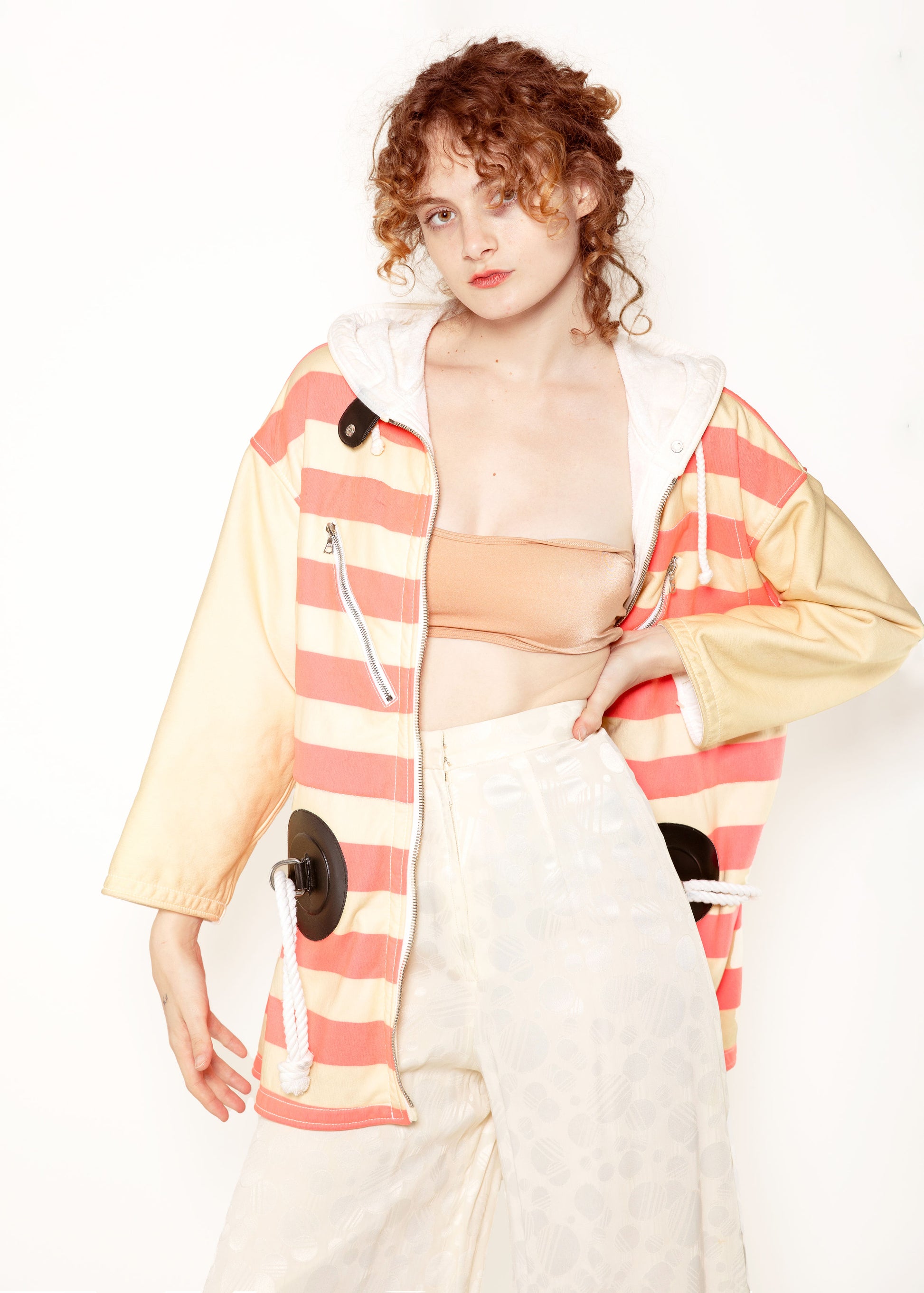 Courreges Pink/White Stripe Leather Nautical Coat - The Kit Vintage