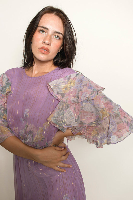 Hanae Mori Purple Metallic Ruffled Sleeve dress - The Kit Vintage
