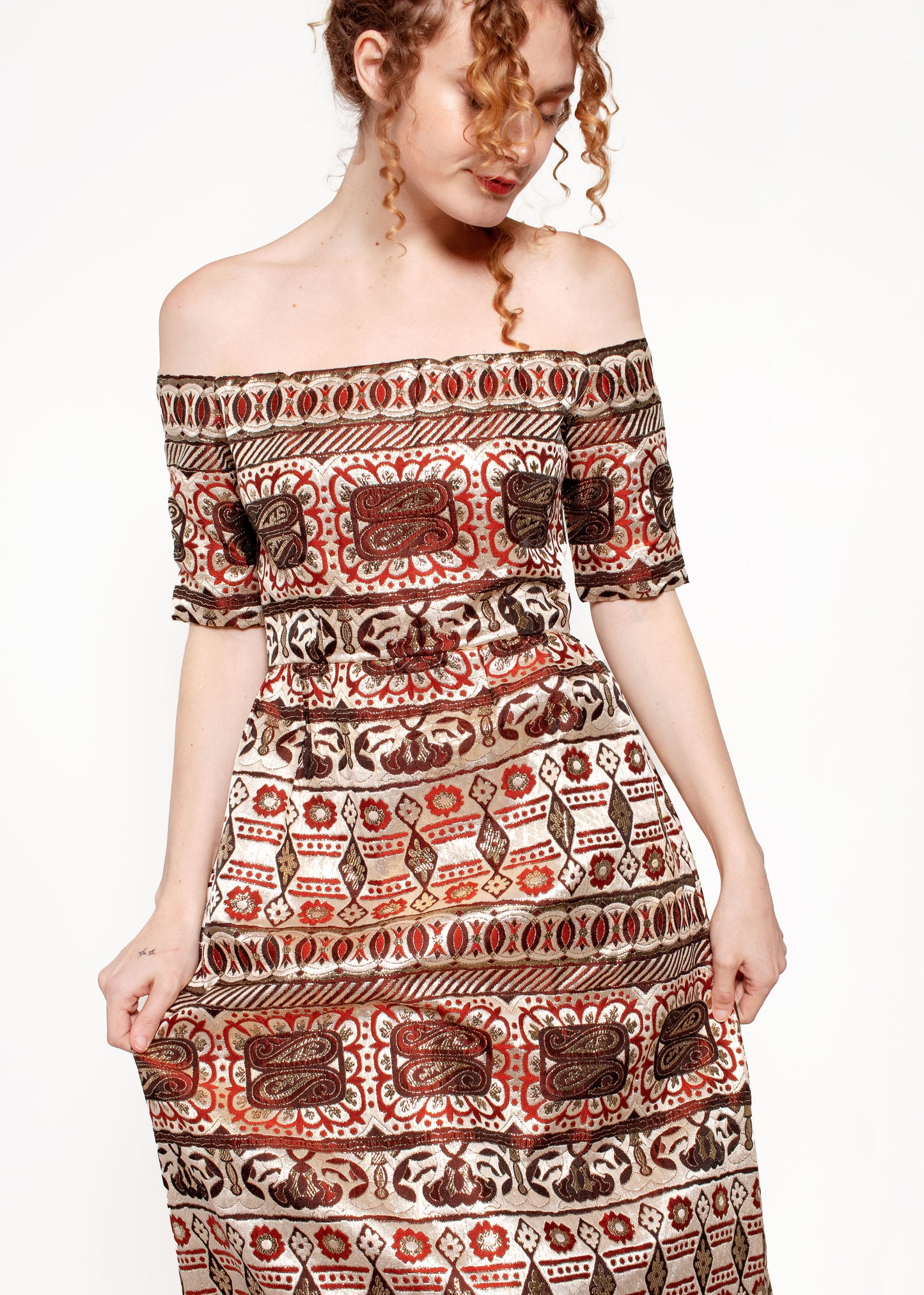 Oscar De La Renta 1970's Brocade Off The Shoulder Gown