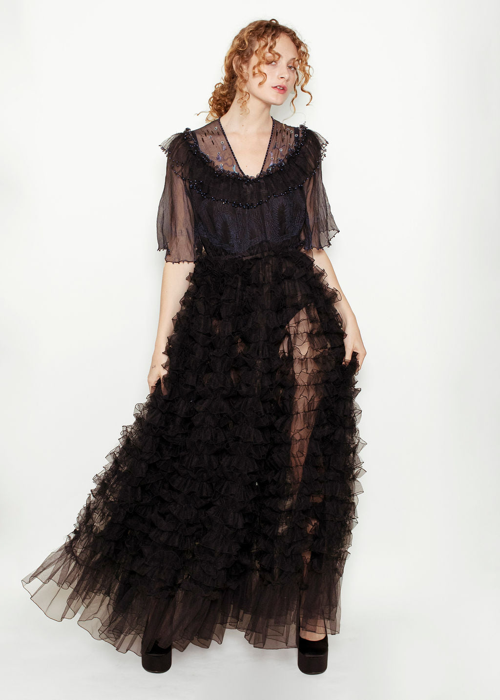 Zandra Rhodes Blue on Black Tulle Gown, Circa 1982 - The Kit Vintage
