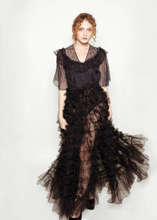 Zandra Rhodes Blue on Black Tulle Gown, Circa 1982 - The Kit Vintage
