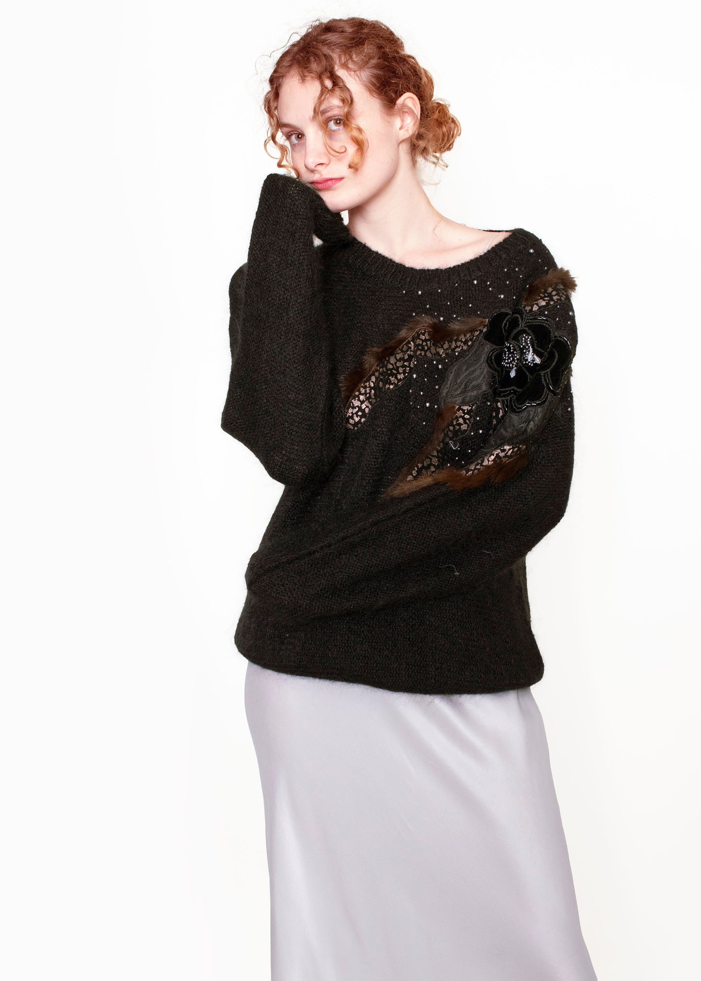 Black Mohair Sweater with Fur and Velvet Floral Patchwork