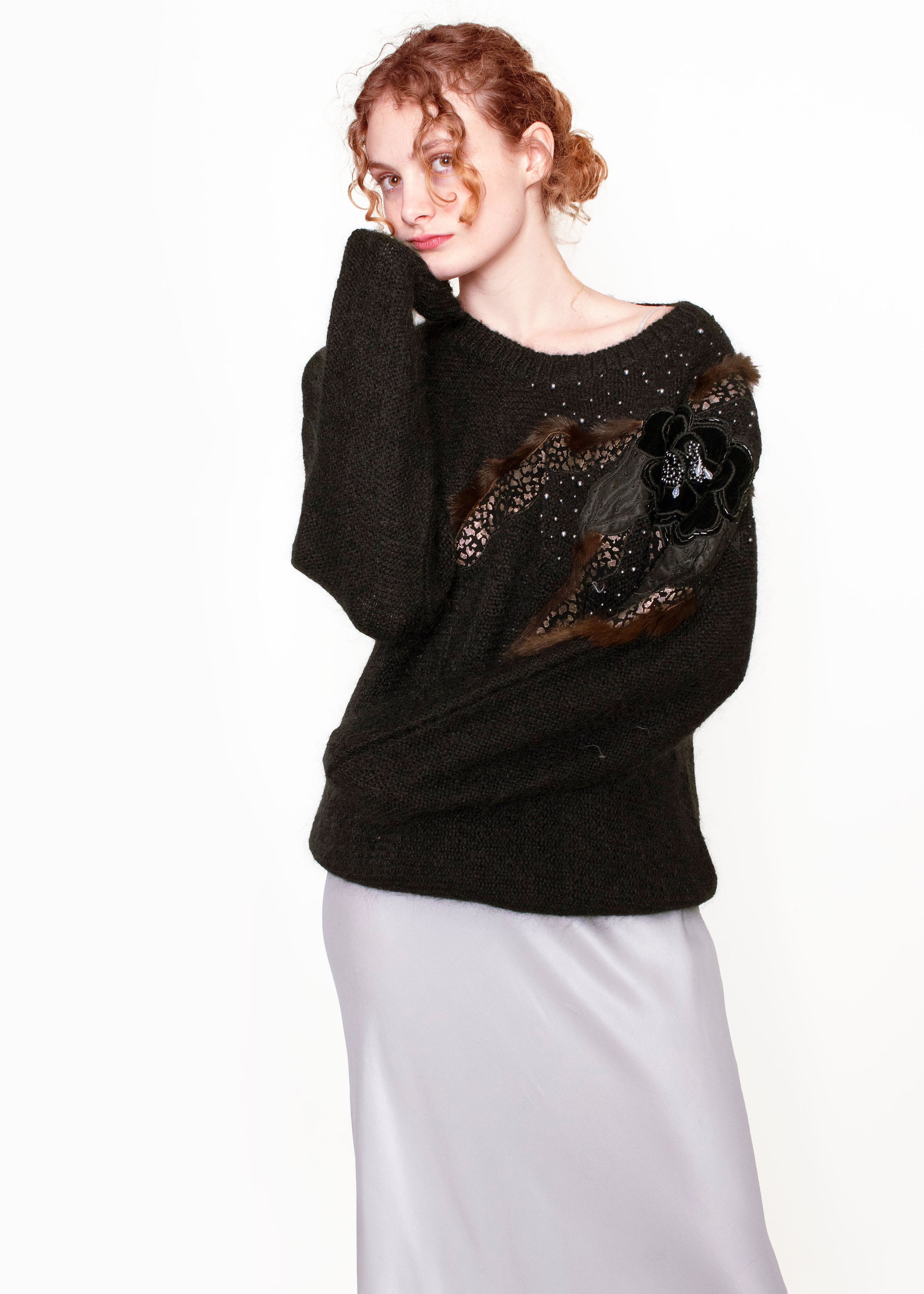 Black Mohair Sweater with Fur and Velvet Floral Patchwork - The Kit Vintage
