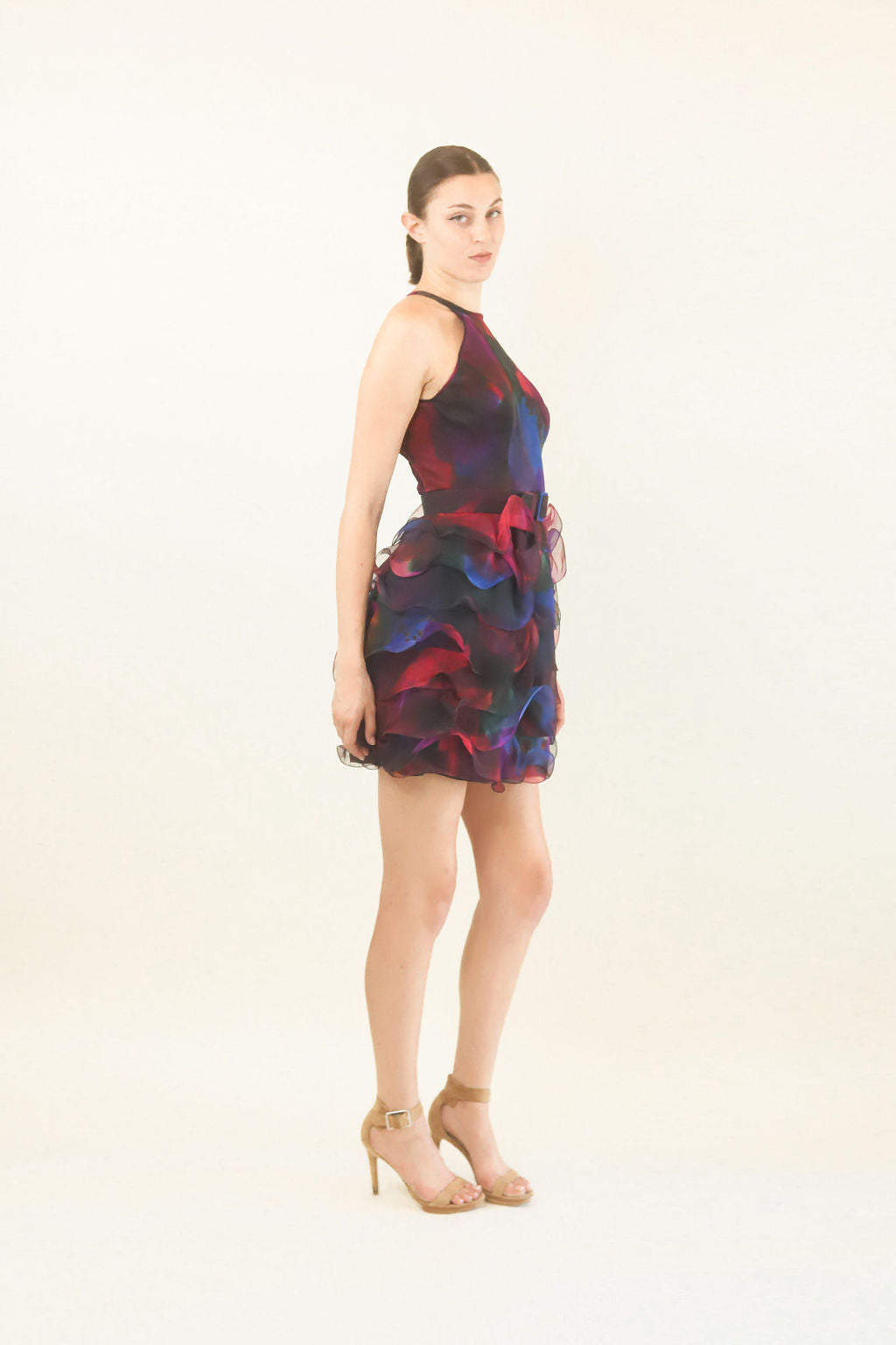 Silk Halter Tiered Dress W/ Belt