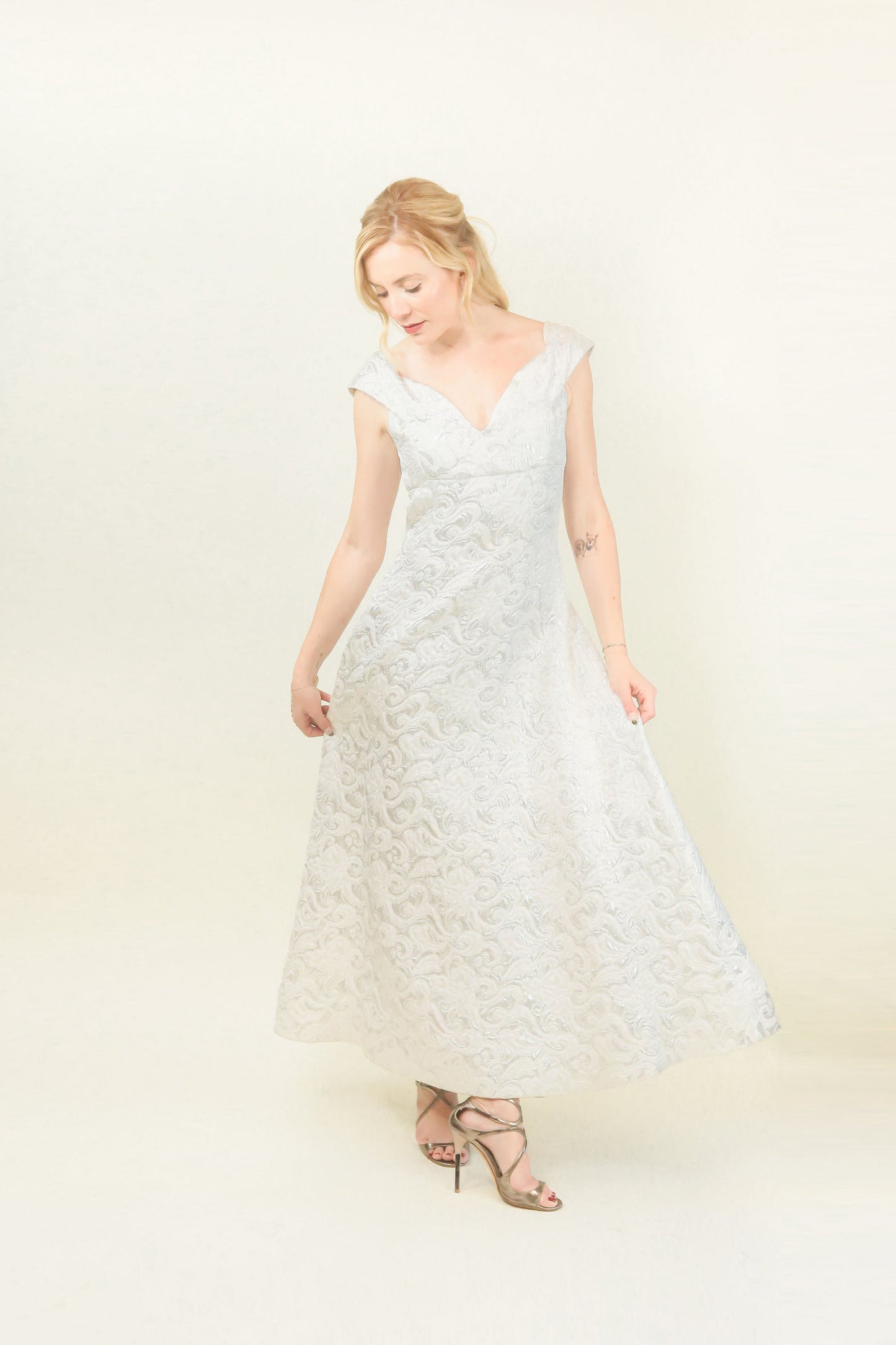 Arnold Scaasi White Metallic Brocade Off The Shoulder Gown - The Kit Vintage