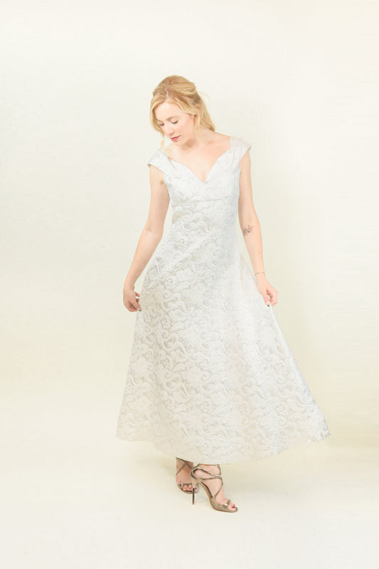 Arnold Scaasi White Metallic Brocade Off The Shoulder Gown