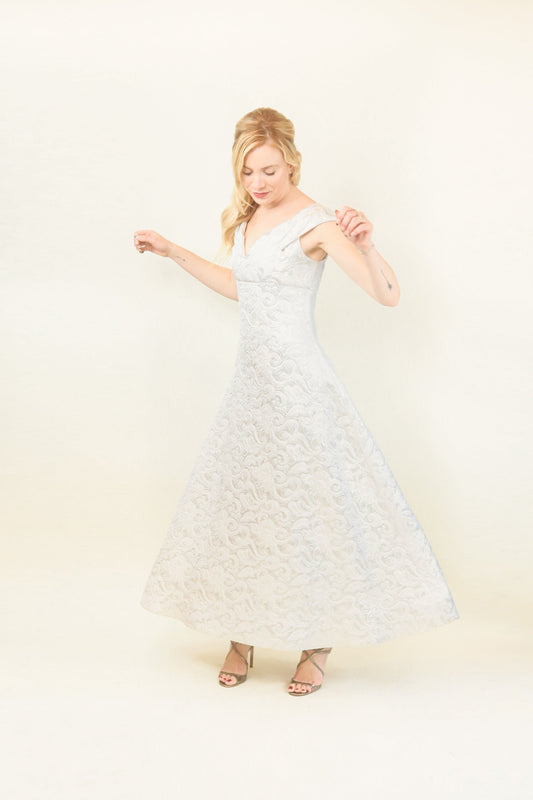 Arnold Scaasi White Metallic Brocade Off The Shoulder Gown - The Kit Vintage