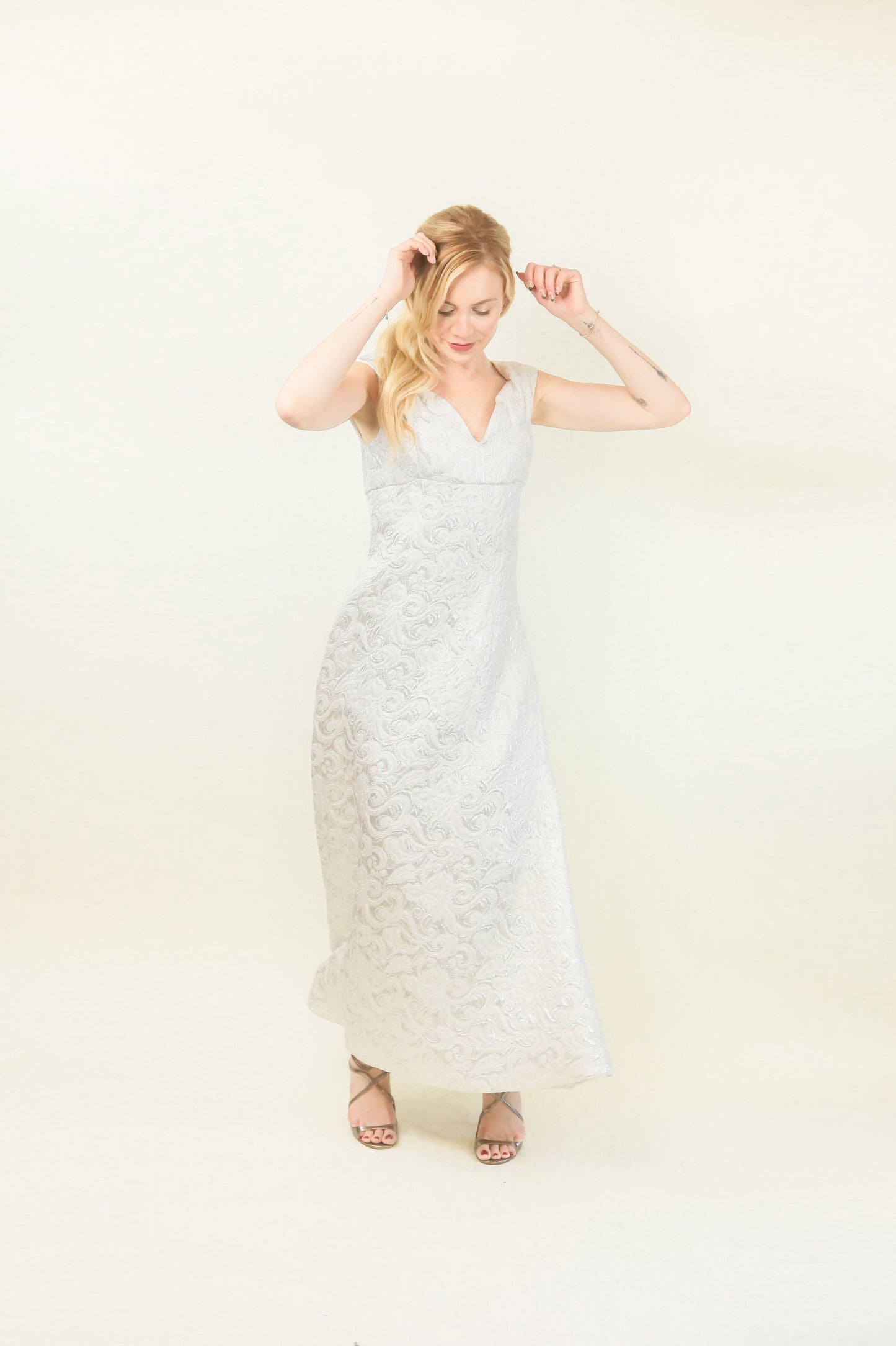 Arnold Scaasi White Metallic Brocade Off The Shoulder Gown