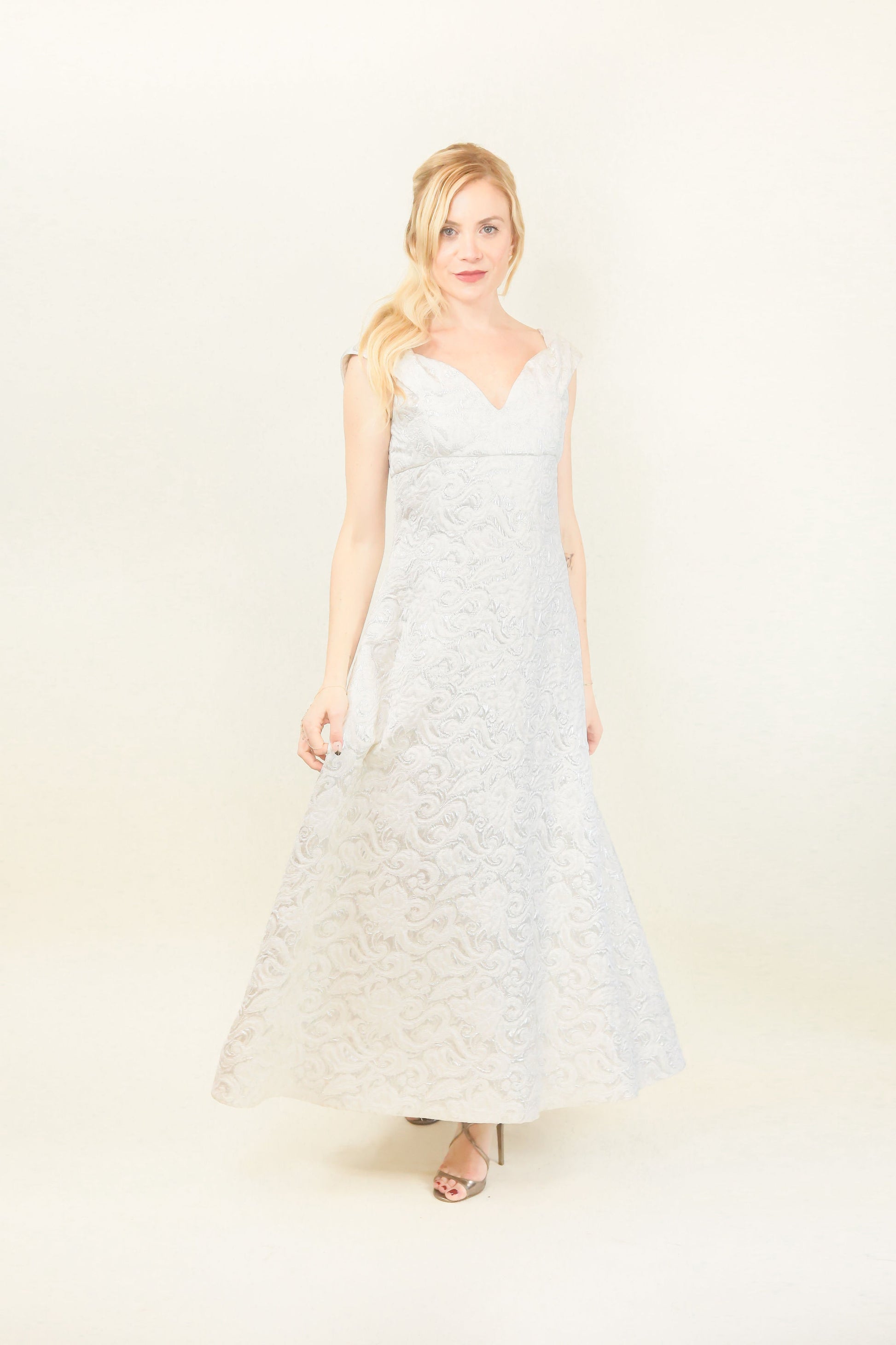 Arnold Scaasi White Metallic Brocade Off The Shoulder Gown - The Kit Vintage