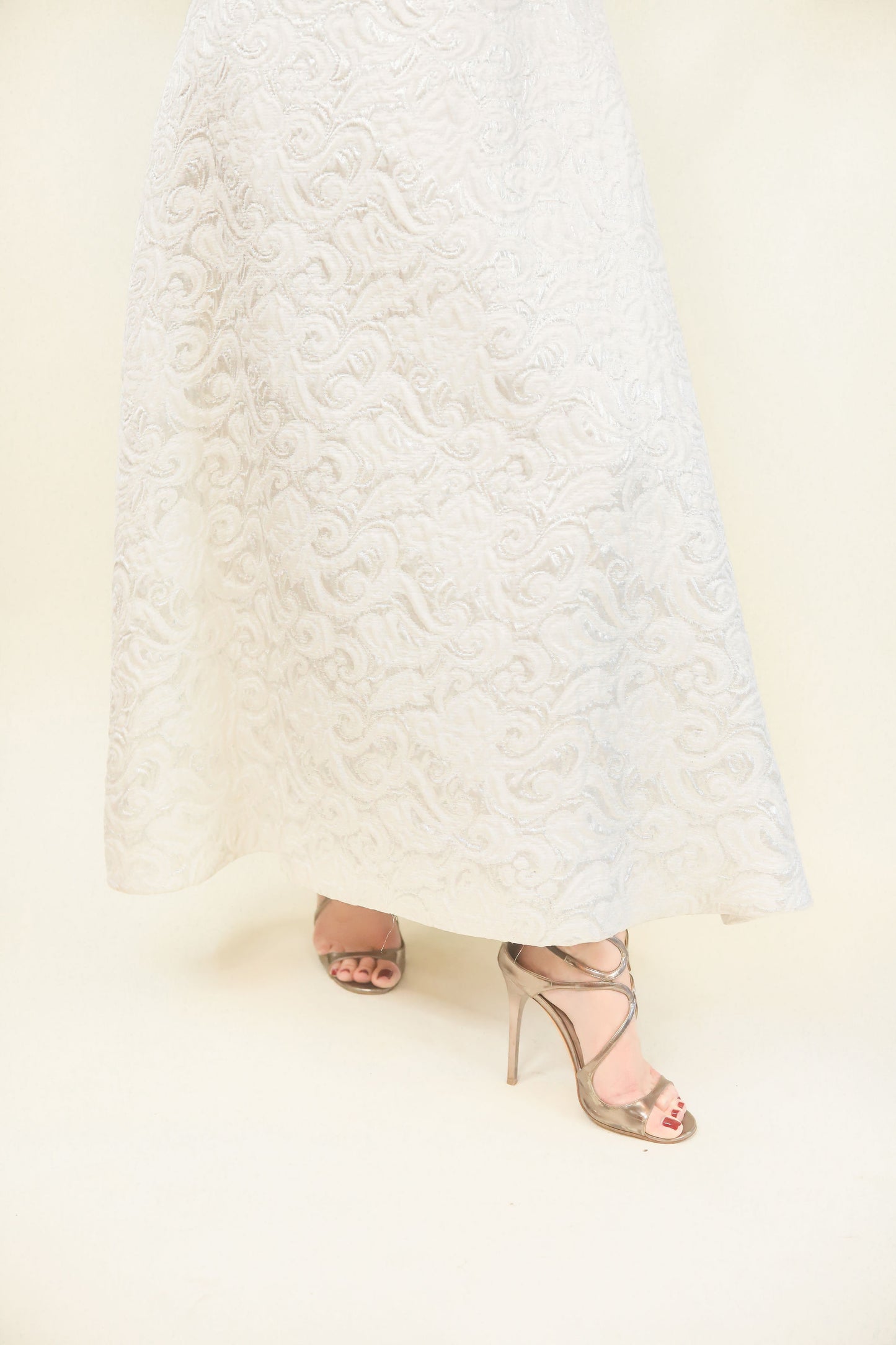 Arnold Scaasi White Metallic Brocade Off The Shoulder Gown