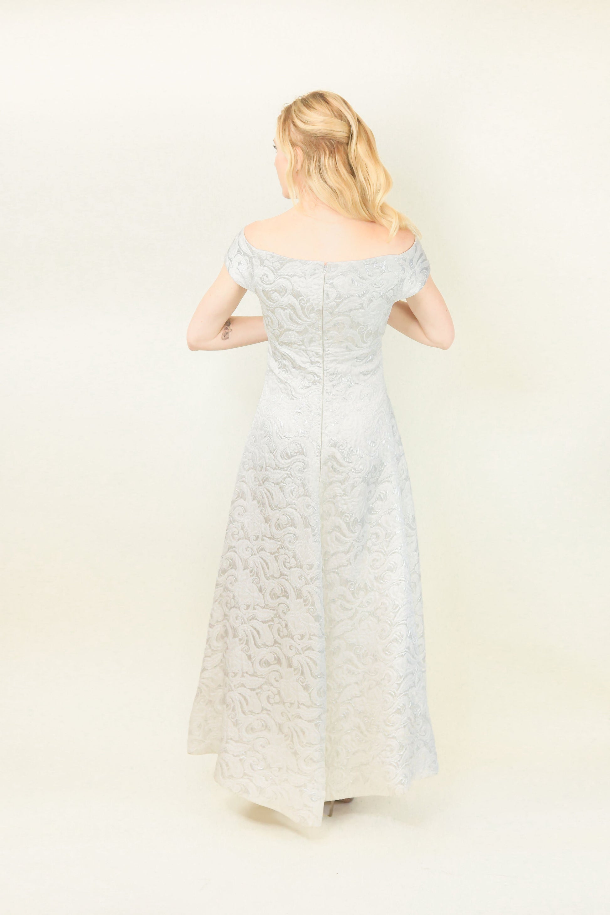 Arnold Scaasi White Metallic Brocade Off The Shoulder Gown - The Kit Vintage