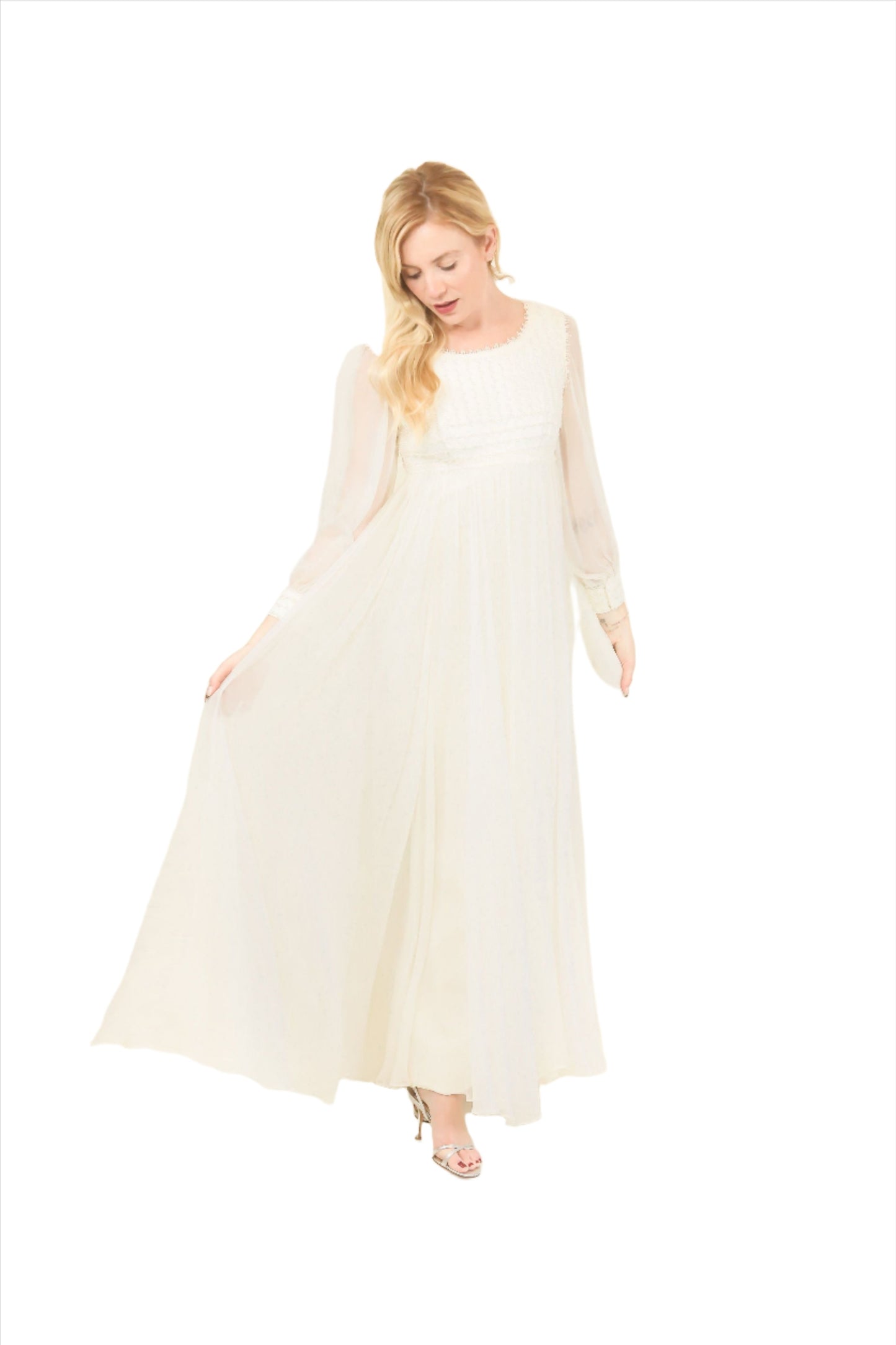 1970's Vintage Pearl Bodice Chiffon Gown front view