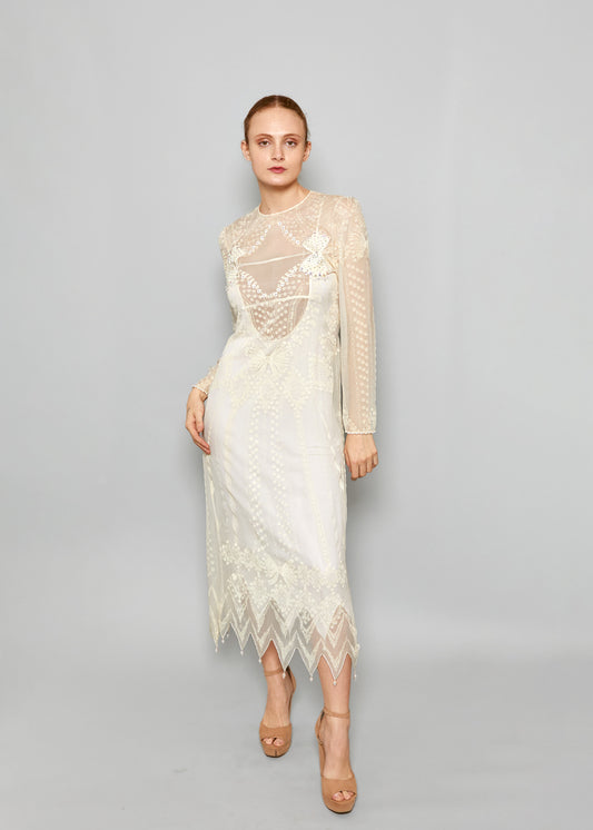 Zandra Rhodes Vintage White Spring/Summer 1985 Screen Print Rhinestone Embellished Bow Dress - The Kit Vintage