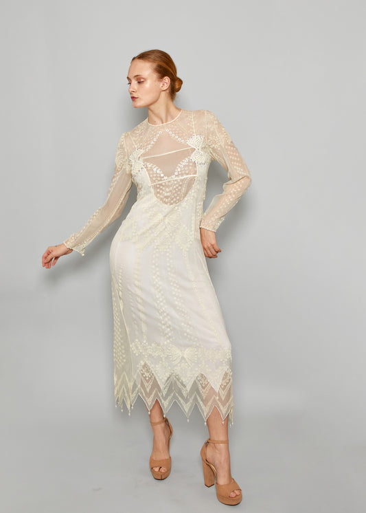 Zandra Rhodes Vintage White Spring/Summer 1985 Screen Print Rhinestone Embellished Bow Dress - The Kit Vintage