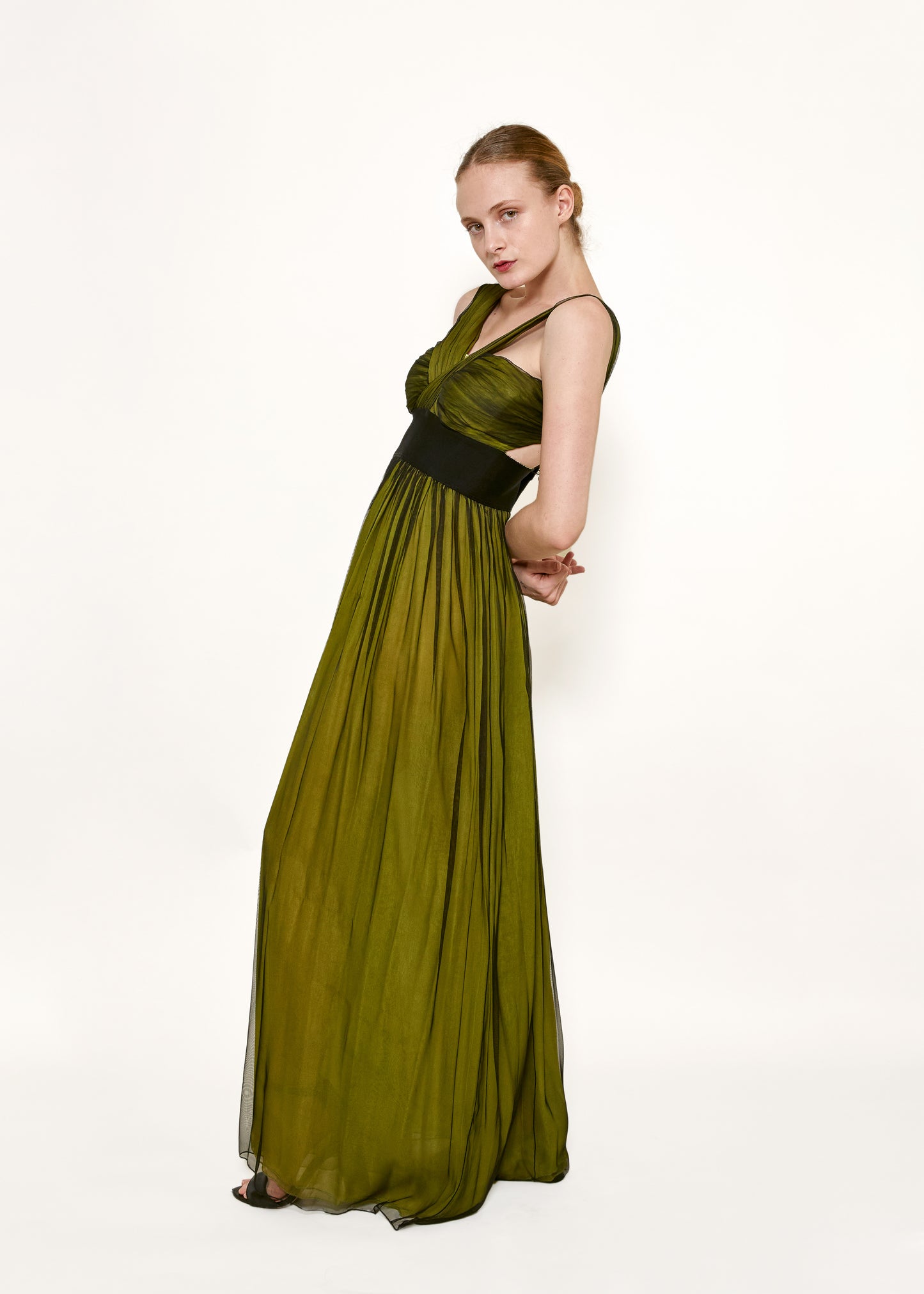 Dolce & Gabbana Green/Black Cross-Front Chiffon Gown