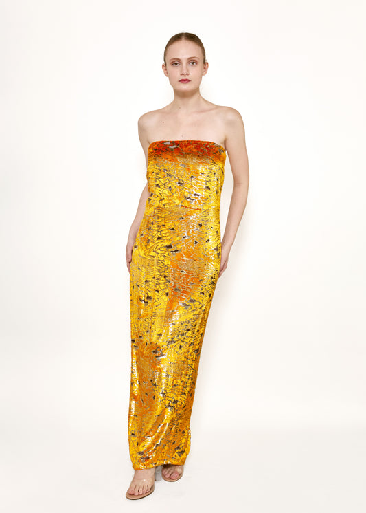 Bill Blass Velvet Yellow Strapless Metallic Dress