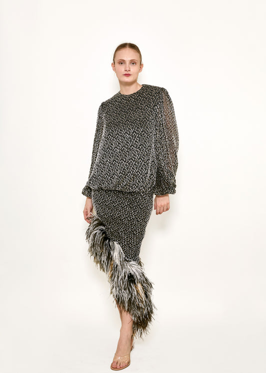 Bill Blass Velvet Ostrich Feather Trim Skirt Set