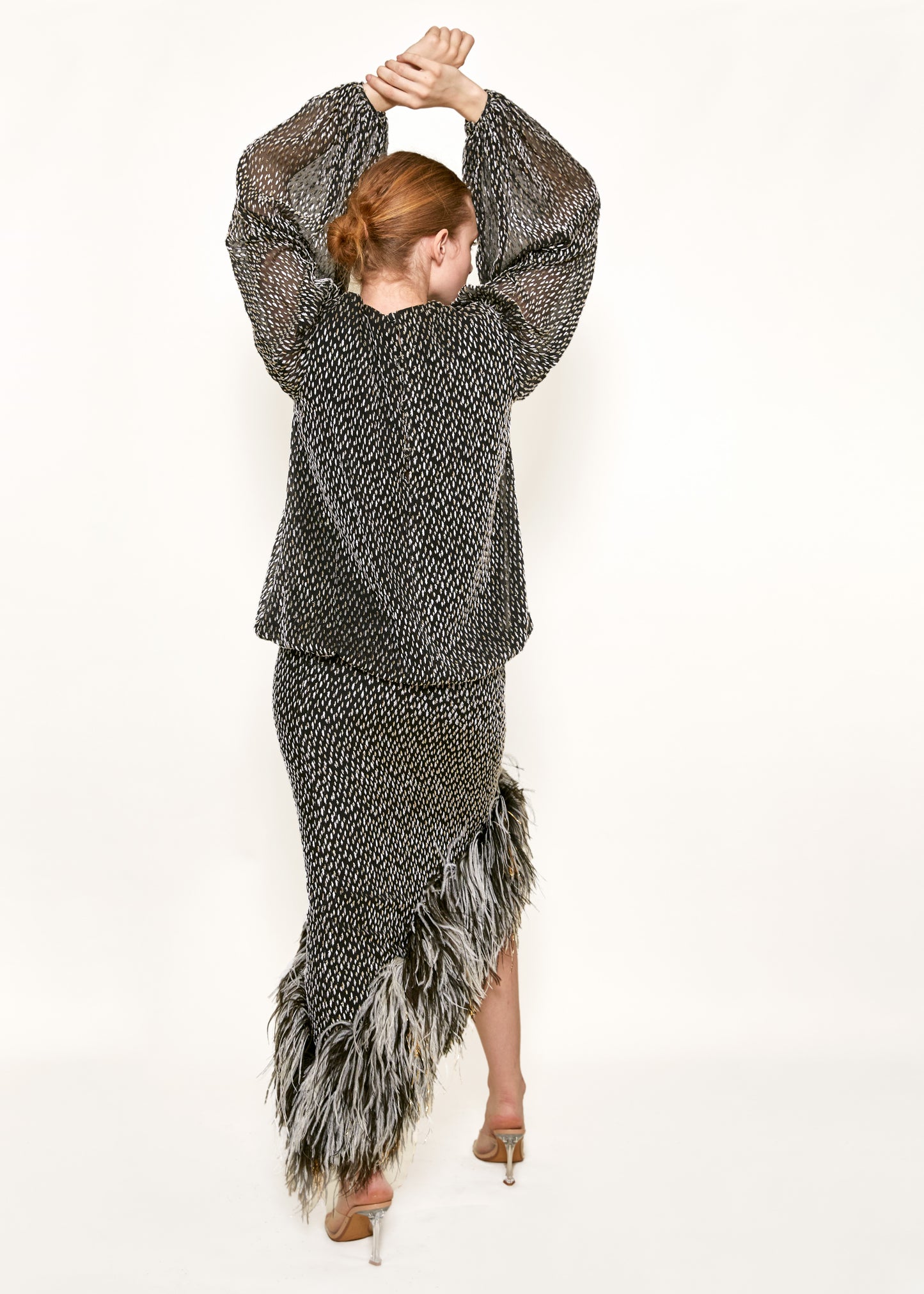 Bill Blass Velvet Ostrich Feather Trim Skirt Set