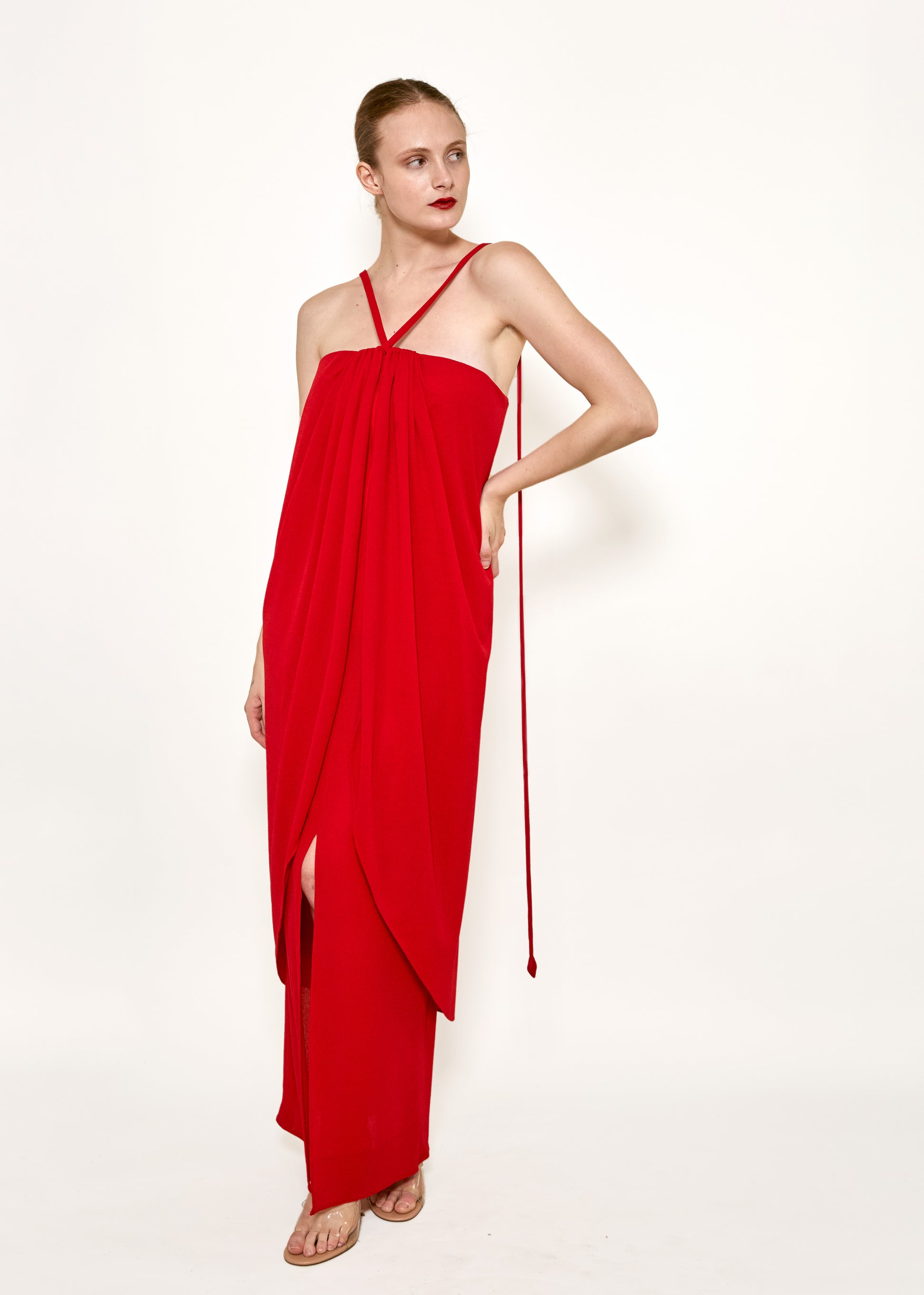 bill blass red dress Bill Blass Pleated Red Gown