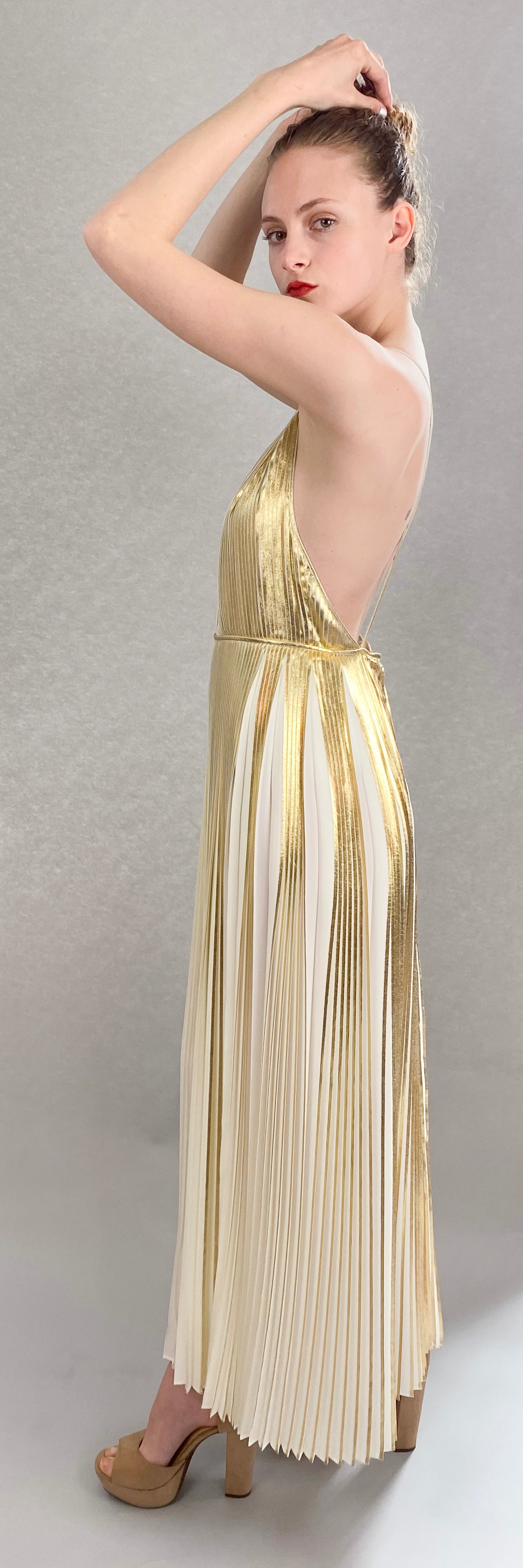Valentino Gold Metallic Pleated Dress