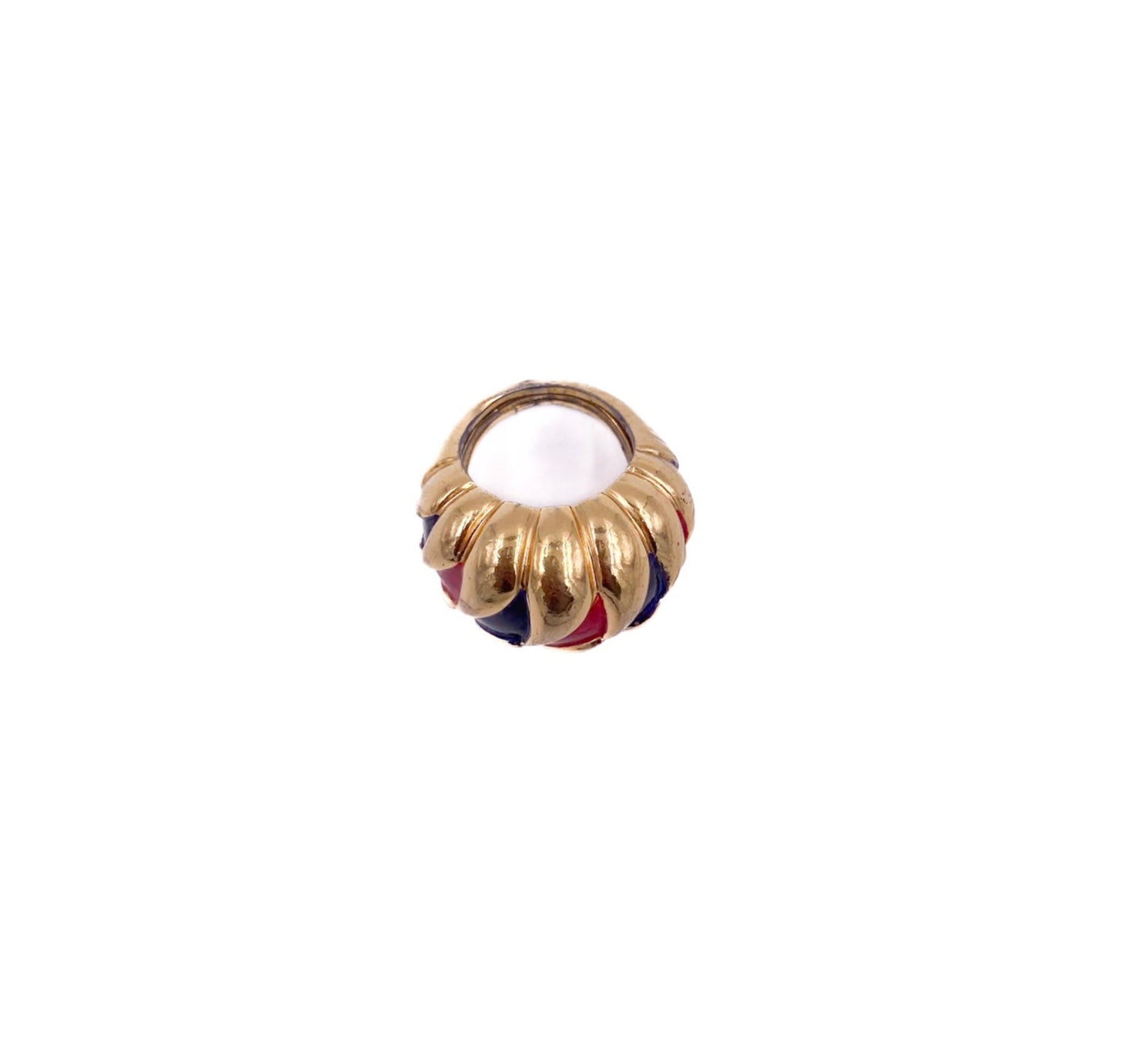 Gold ring with colored stones on a white background