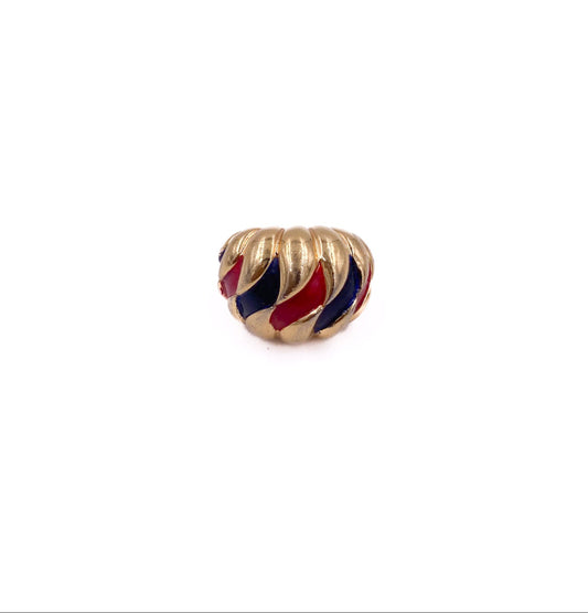 Gold dome ring with red and navy blue pattern