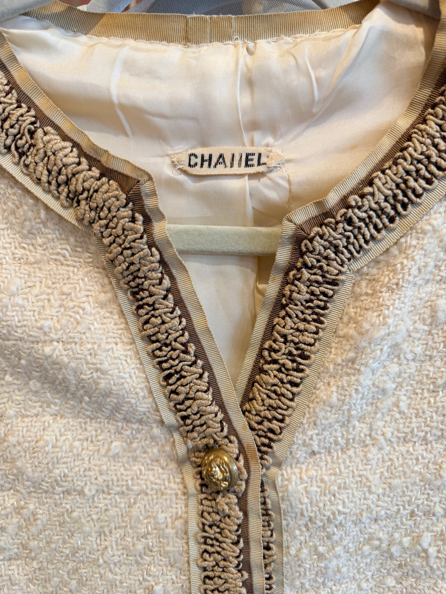 Chanel Couture Cream Tweed Suit With Ribbon Trim