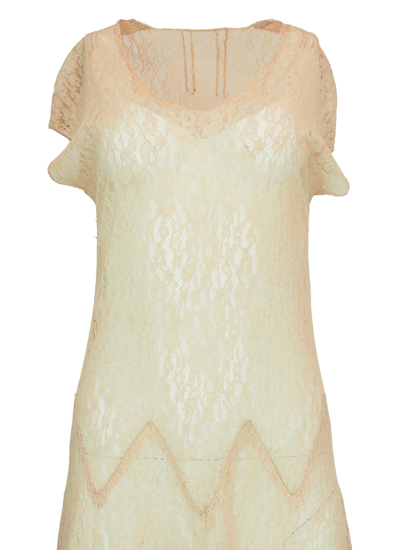 A vintage 1920s light beige lace maxi dress with short flutter sleeves, a scoop neckline, and a scalloped zigzag pattern around the waist