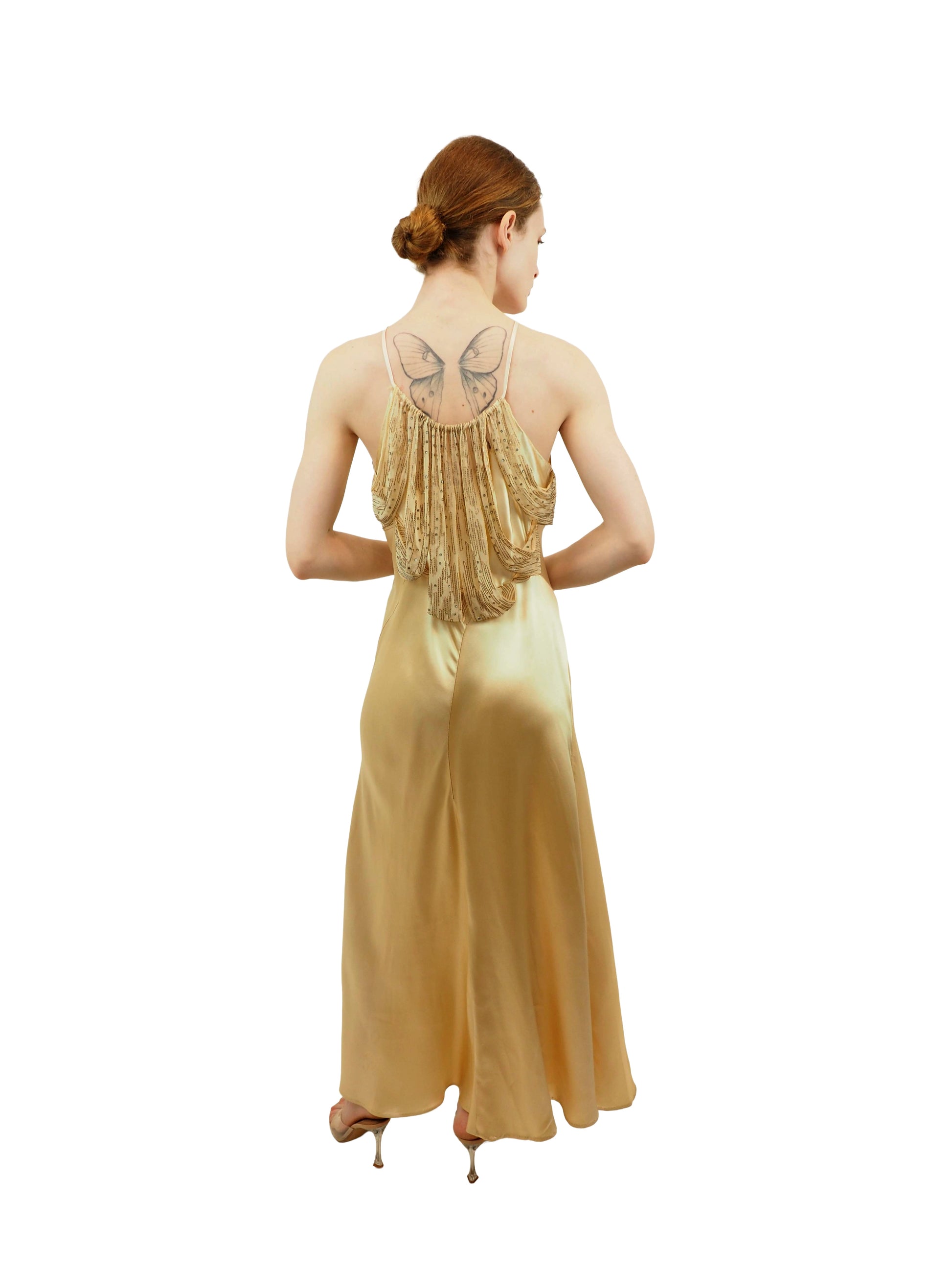 1940's Champagne Silk Bias Cut Rhinestone Dress