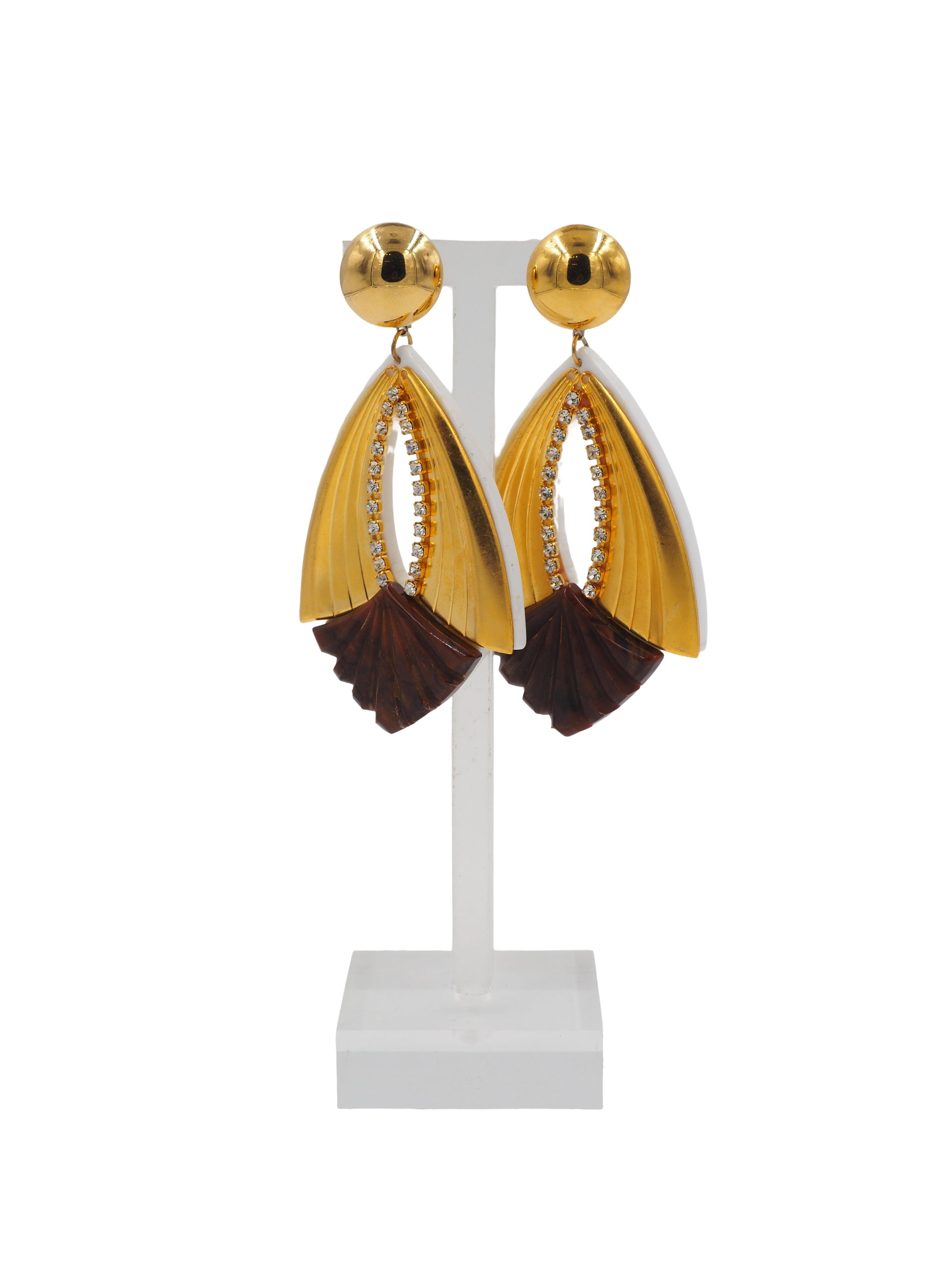 1980's Deco Style Drop Gold With Rhinestone & Tortoise Earrings