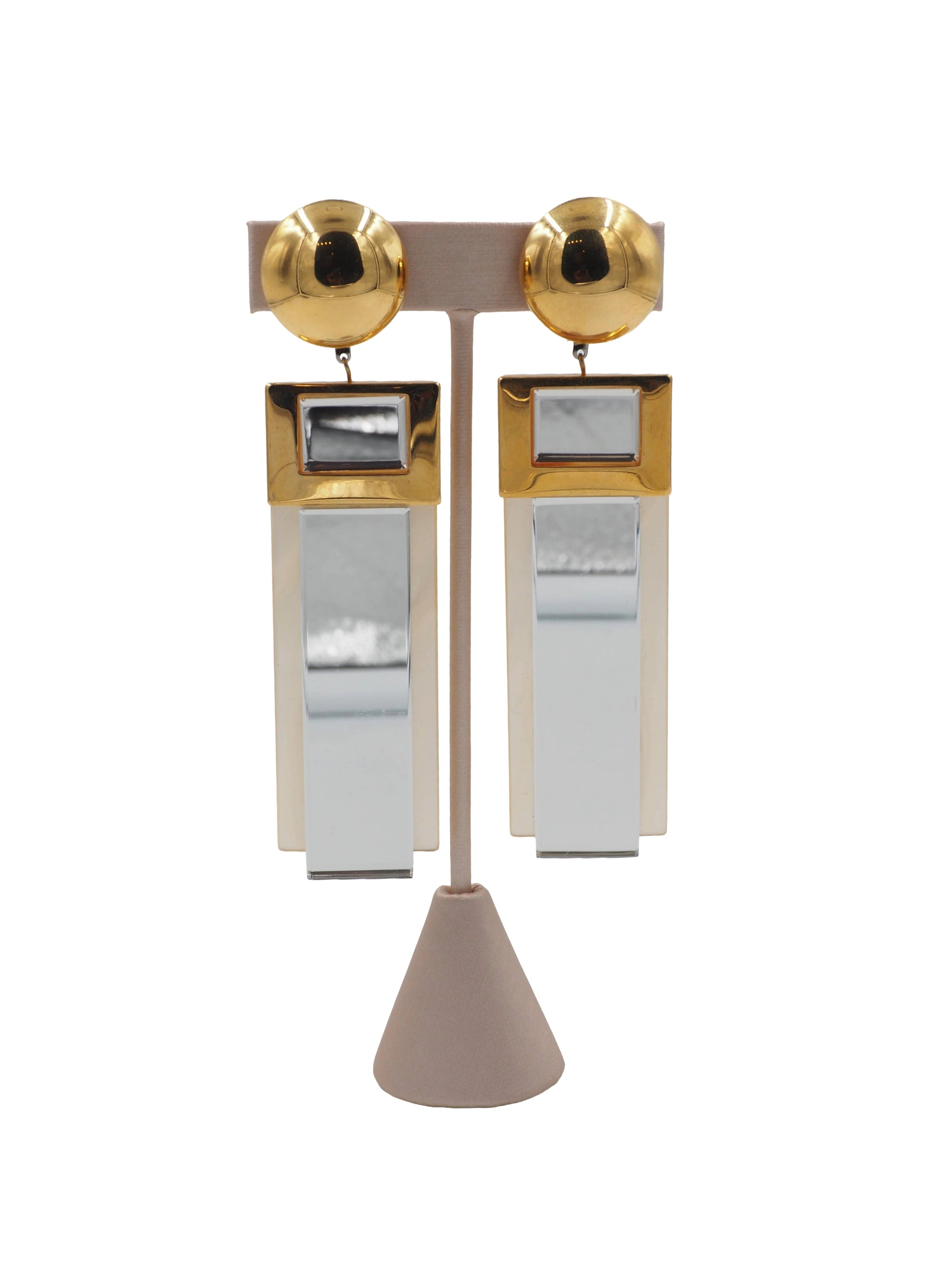 1980's Deco Style Mirrored Rectangle Clip Earrings
