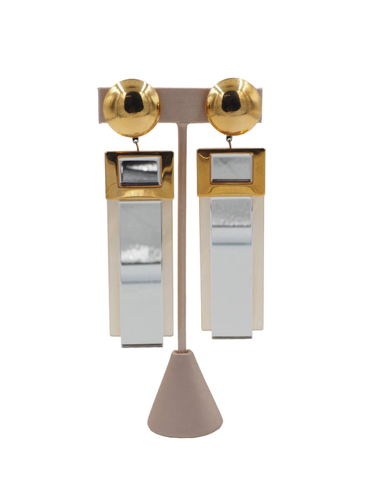 1980's Deco Style Mirrored Rectangle Clip Earrings