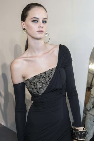 A vintage 2018 Roberto cavalli runway black one-shoulder mini dress with jersey long sleeves and a heavily embellished gold beaded bust 