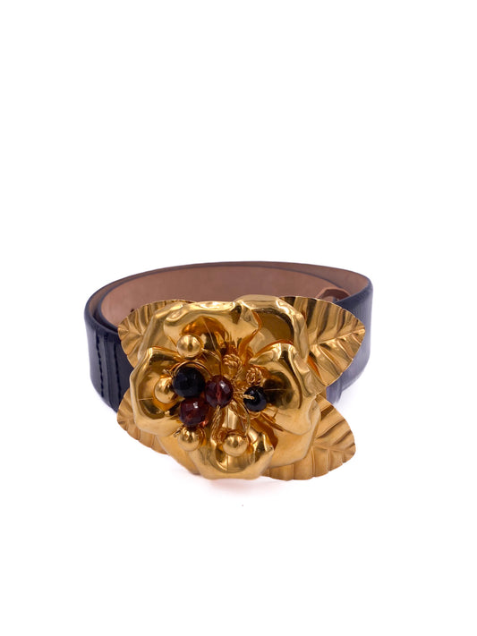 Roberto Cavalli Black Patent Leather Belt with Large Gold Flower Buckle