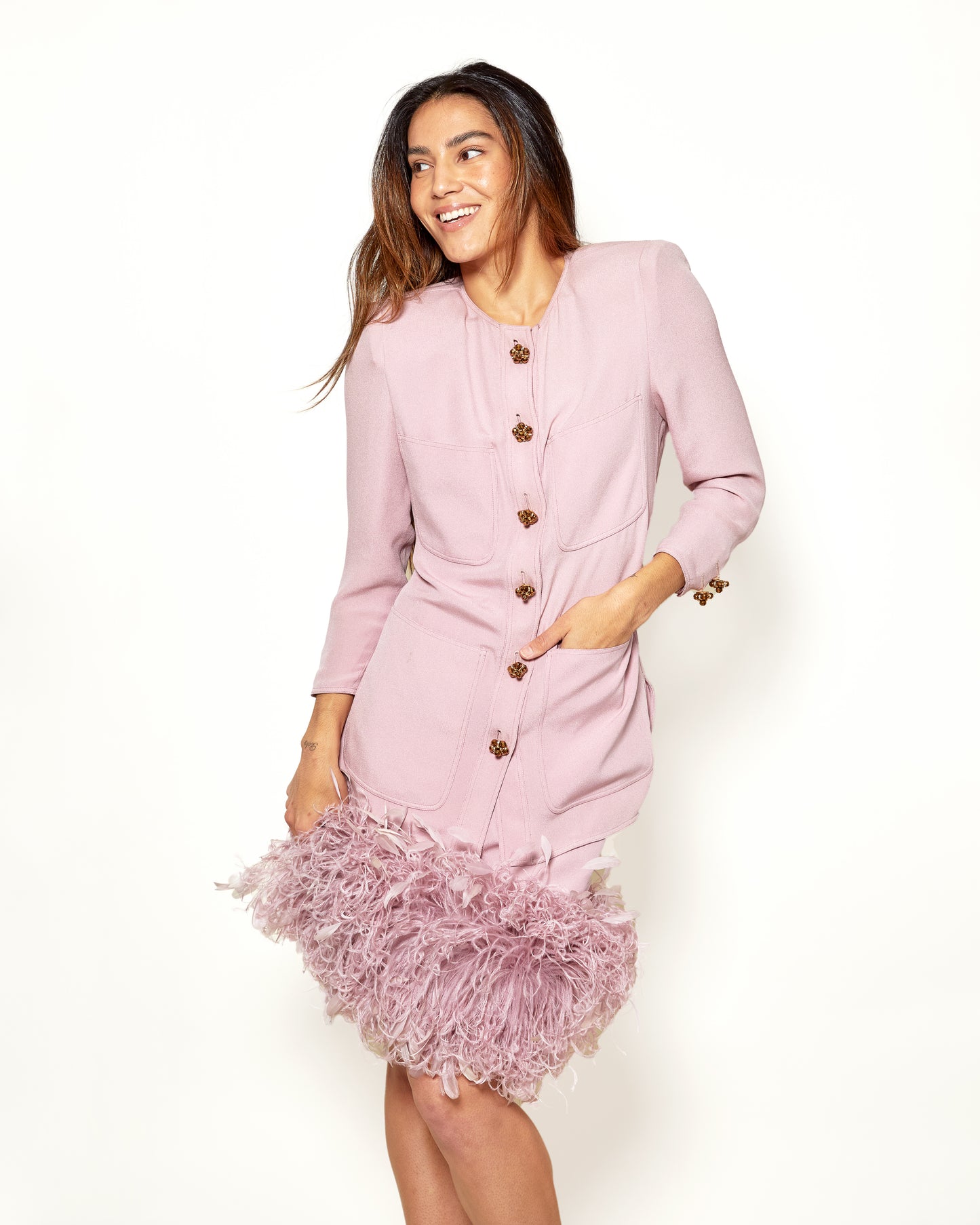 Valentino Pink Skirt Suit With Ostrich Skirt Hem