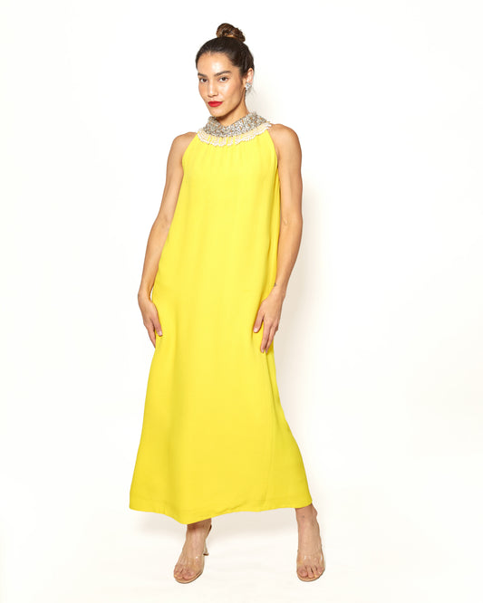Victoria Royal 1960's Yellow W/ Beaded Neckline Dress