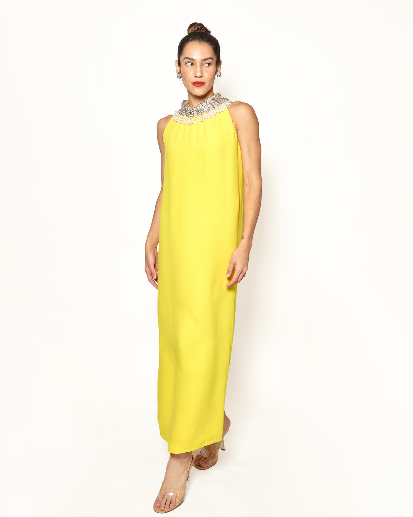 Victoria Royal 1960's Yellow W/ Beaded Neckline Dress